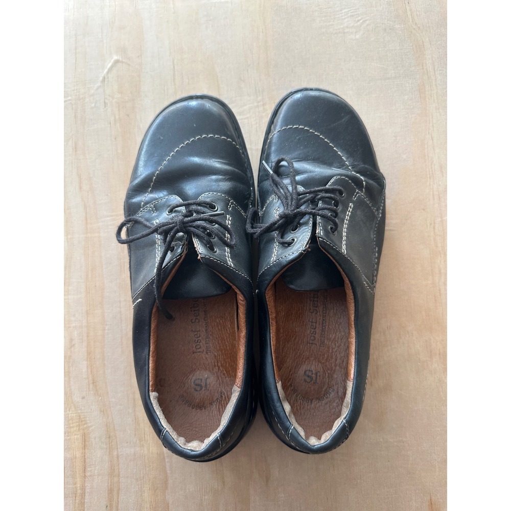 Josef Seibel Black Leather Lace Up Oxfords Vibram Sole Contrast Stitch Women 39